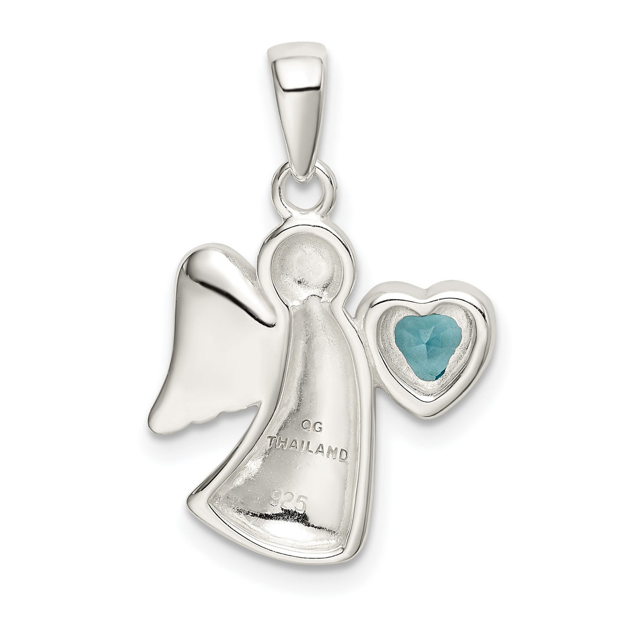 Angel Light Blue CZ Heart Charm Pendant in Real 925 Sterling Silver