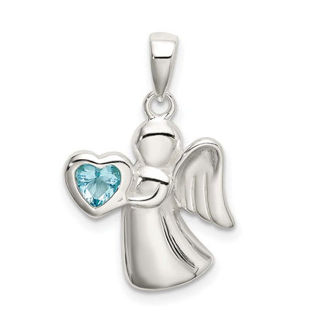 Angel Light Blue CZ Heart Charm Pendant in Real 925 Sterling Silver