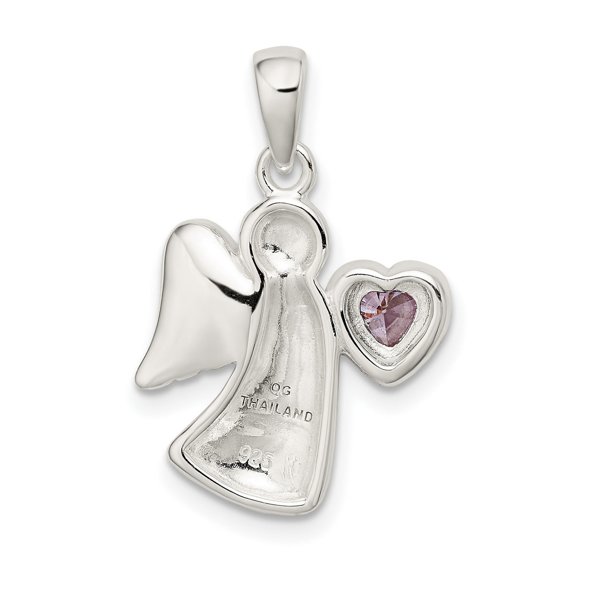 Angel Light Purple CZ Heart Charm Pendant in Real 925 Sterling Silver