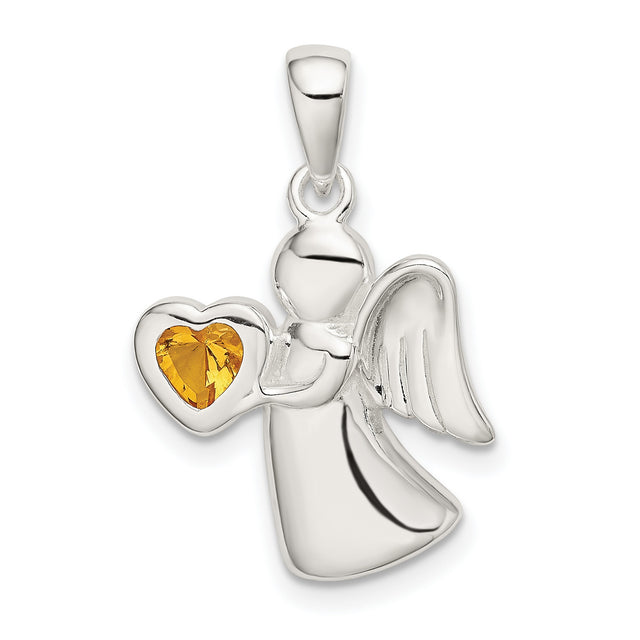 Angel Yellow CZ Heart Charm Pendant in Real 925 Sterling Silver