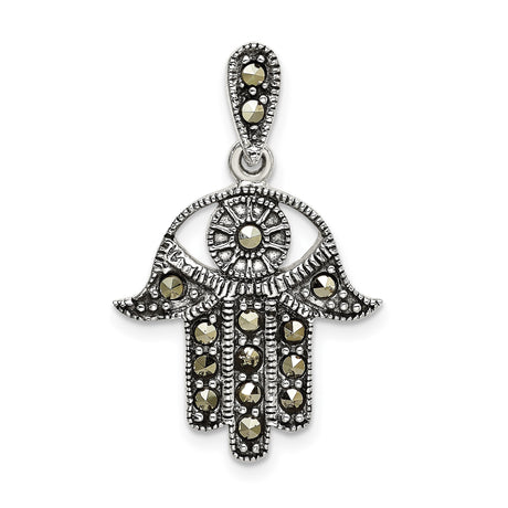 Sterling Silver Hamsa Hand Pendant with Marcasite, Eye Symbol and Spiritual Protection Theme