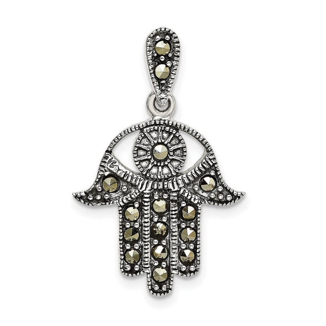 Sterling Silver Hamsa Hand Pendant with Marcasite, Eye Symbol and Spiritual Protection Theme
