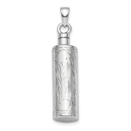 Sterling Silver Cylinder Pendant with Leaf Engraving, Scroll Message Holder Memorial Charm