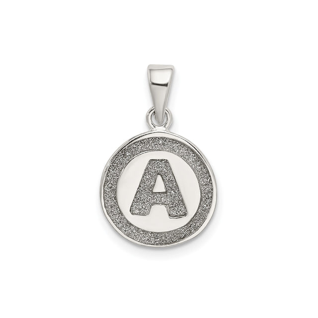Sterling Silver Initial Pendant, Textured Letter A in Circle Frame Charm