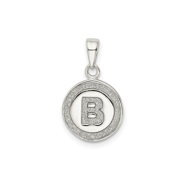 Sterling Silver Initial Pendant with Raised Letter B, Textured Round Design for Women