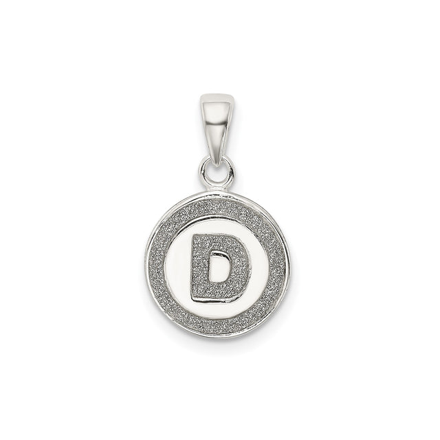 Sterling Silver Round Initial Pendant, Glitter Textured Letter D Monogram Charm