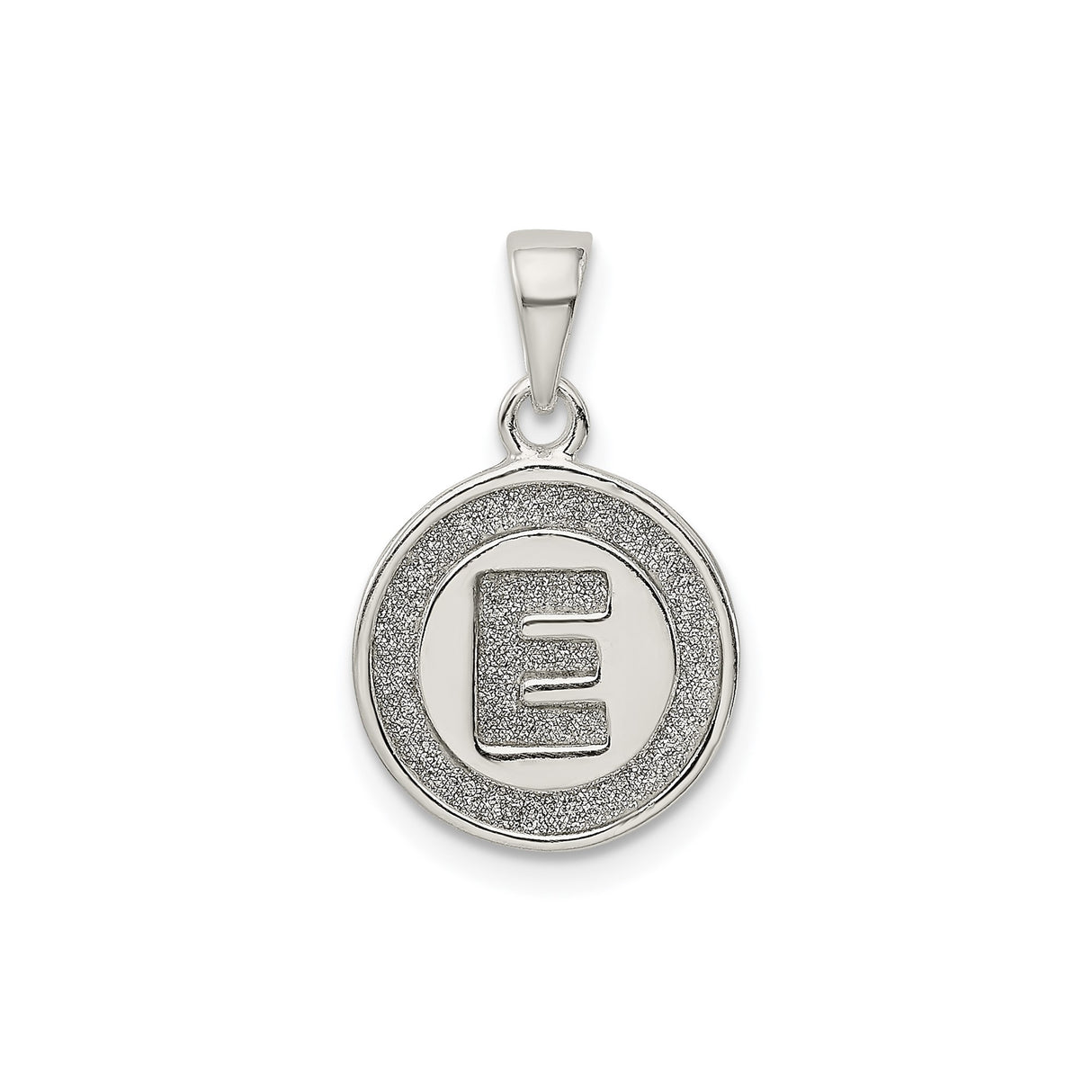 Sterling Silver Initial Pendant with Raised Letter E, Textured Circle Charm Design