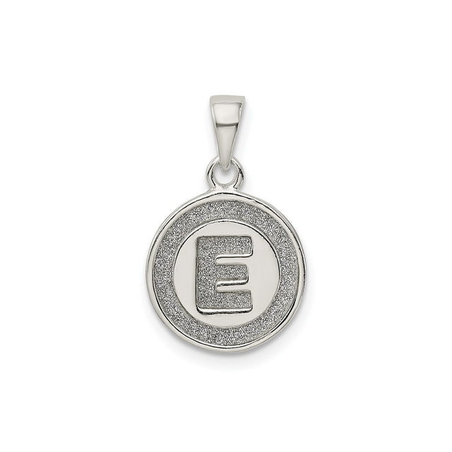 Sterling Silver Initial Pendant with Raised Letter E, Textured Circle Charm Design