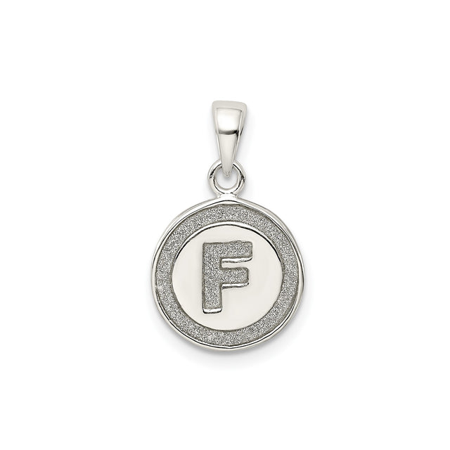 Sterling Silver Initial Pendant with Raised Letter F in Textured Circle Frame