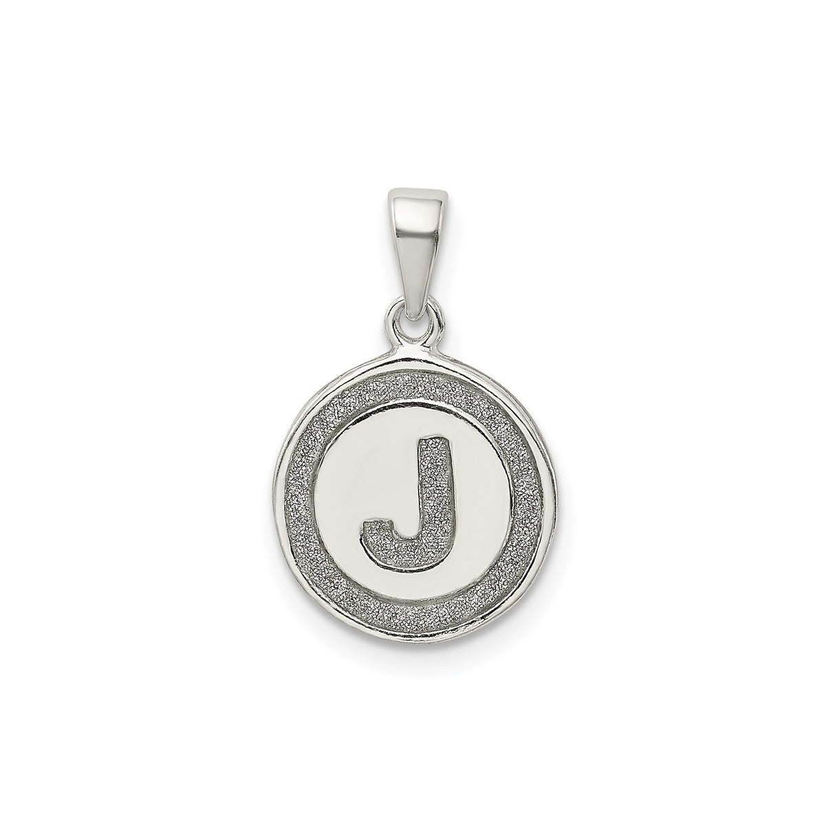 Sterling Silver Round Initial Pendant with Letter J, Textured Disc Monogram Charm