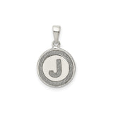 Sterling Silver Round Initial Pendant with Letter J, Textured Disc Monogram Charm