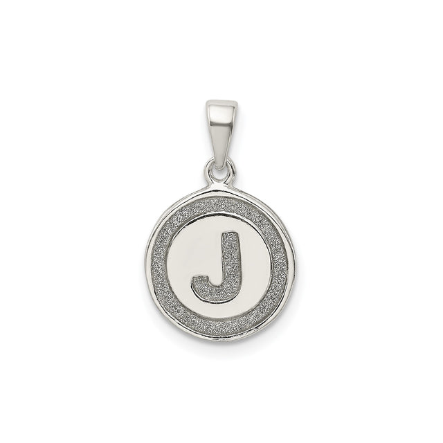 Sterling Silver Round Initial Pendant with Letter J, Textured Disc Monogram Charm