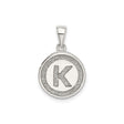 Sterling Silver Round Pendant with Raised Letter K and Textured Glitter Border