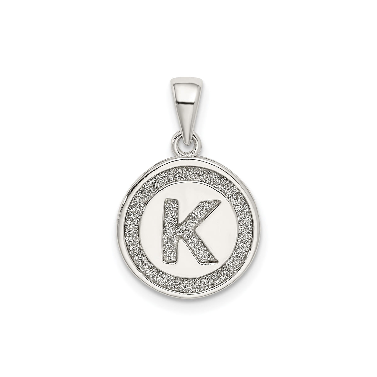 Sterling Silver Round Pendant with Raised Letter K and Textured Glitter Border