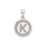 Sterling Silver Round Pendant with Raised Letter K and Textured Glitter Border