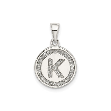 Sterling Silver Round Pendant with Raised Letter K and Textured Glitter Border