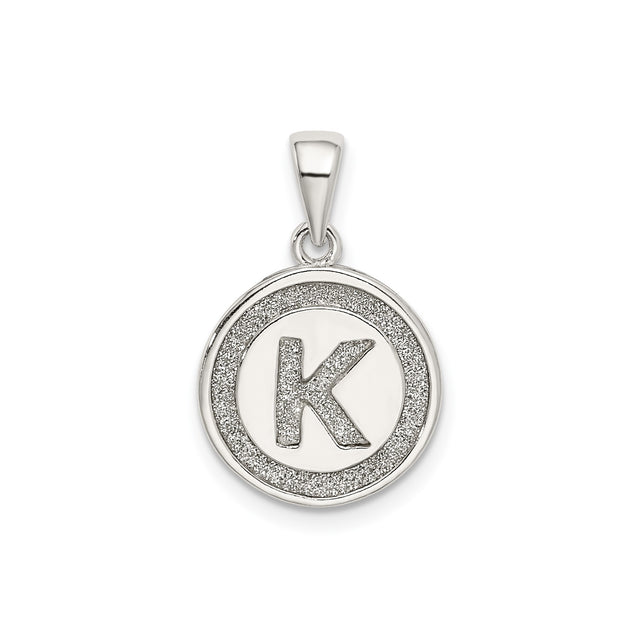 Sterling Silver Round Pendant with Raised Letter K and Textured Glitter Border