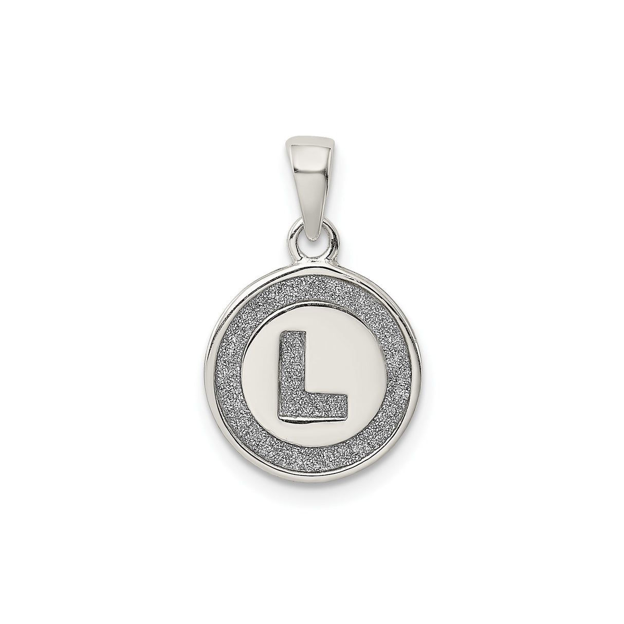 Sterling Silver Initial L Pendant with Textured Circle Border and Polished Center