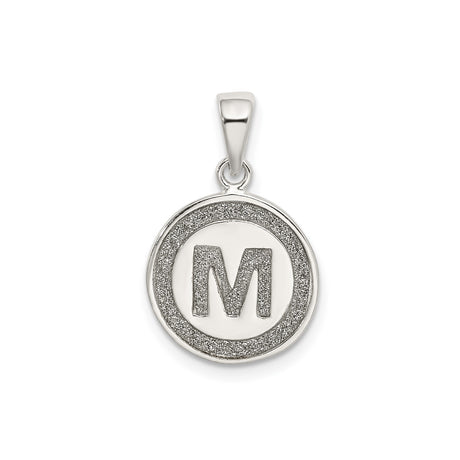 Sterling Silver Round Initial Pendant with Textured Border, Letter M Charm