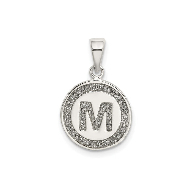 Sterling Silver Round Initial Pendant with Textured Border, Letter M Charm