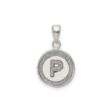 Sterling Silver Initial Pendant with Letter P, Round Textured Border Design, Unisex Charm