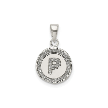 Sterling Silver Initial Pendant with Letter P, Round Textured Border Design, Unisex Charm