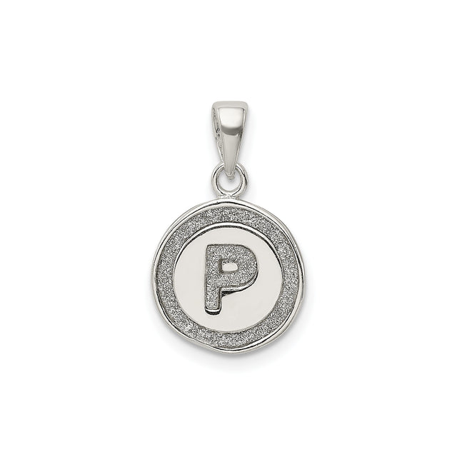 Sterling Silver Initial Pendant with Letter P, Round Textured Border Design, Unisex Charm