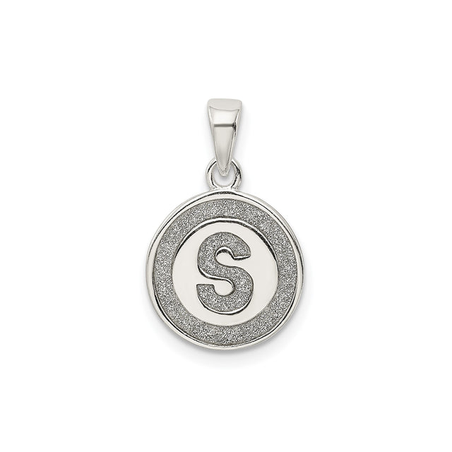 Sterling Silver Initial S Pendant, Round Textured Medallion Letter Charm, Unisex Monogram Jewelry