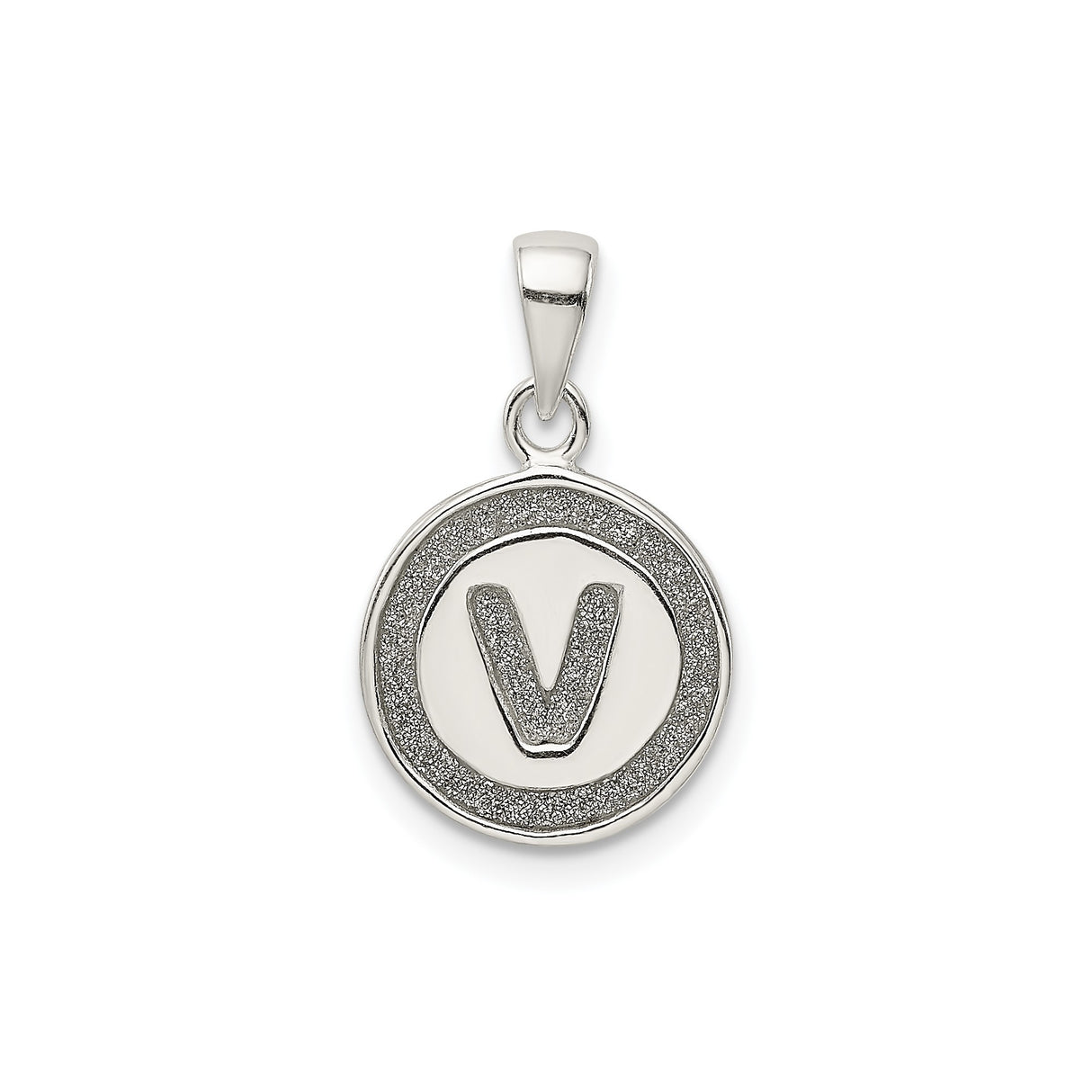 Sterling Silver Initial Pendant with Raised Letter V and Sandblasted Border Charm