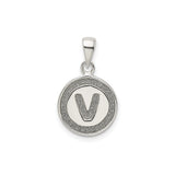 Sterling Silver Initial Pendant with Raised Letter V and Sandblasted Border Charm
