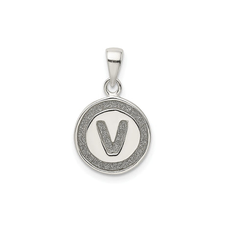Sterling Silver Initial Pendant with Raised Letter V and Sandblasted Border Charm