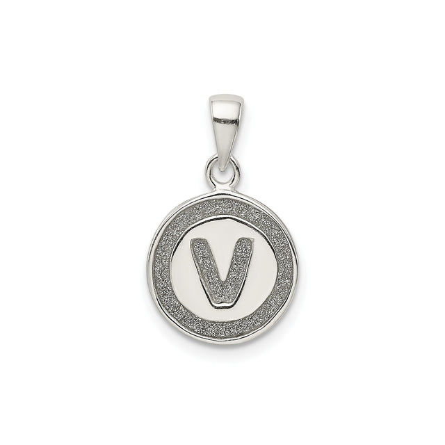 Sterling Silver Initial Pendant with Raised Letter V and Sandblasted Border Charm