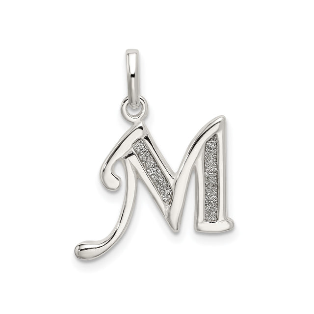 Sterling Silver Script Letter M Pendant, Polished and Textured Monogram Charm for Women