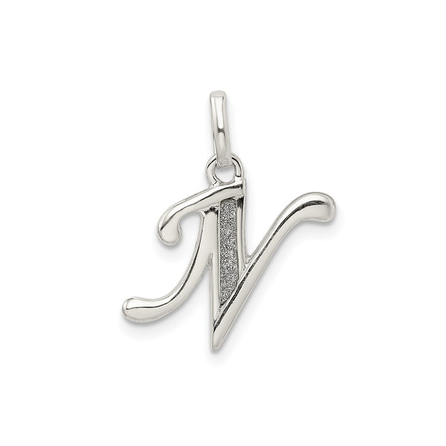Sterling Silver Initial N Pendant with Script Letter Design and Textured Accent