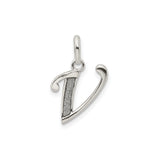 Sterling Silver Letter V Pendant Charm with Textured Accent and Polished Finish