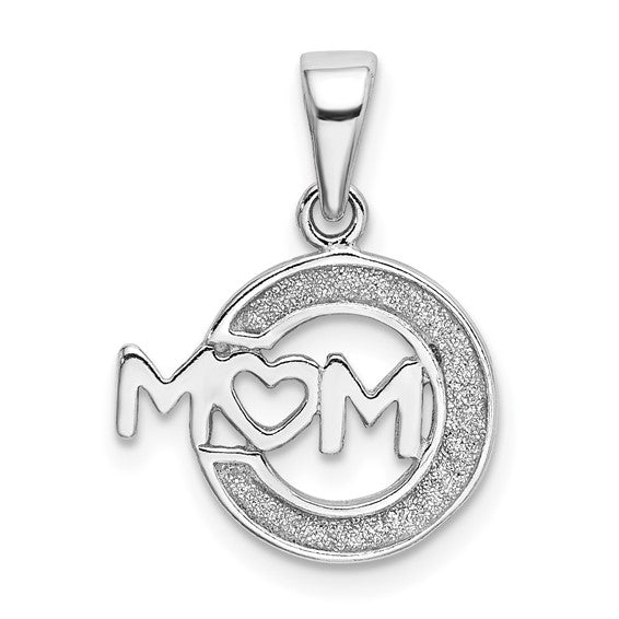 Sterling Silver Mom Pendant with Textured Circle and Heart-Shaped O Design
