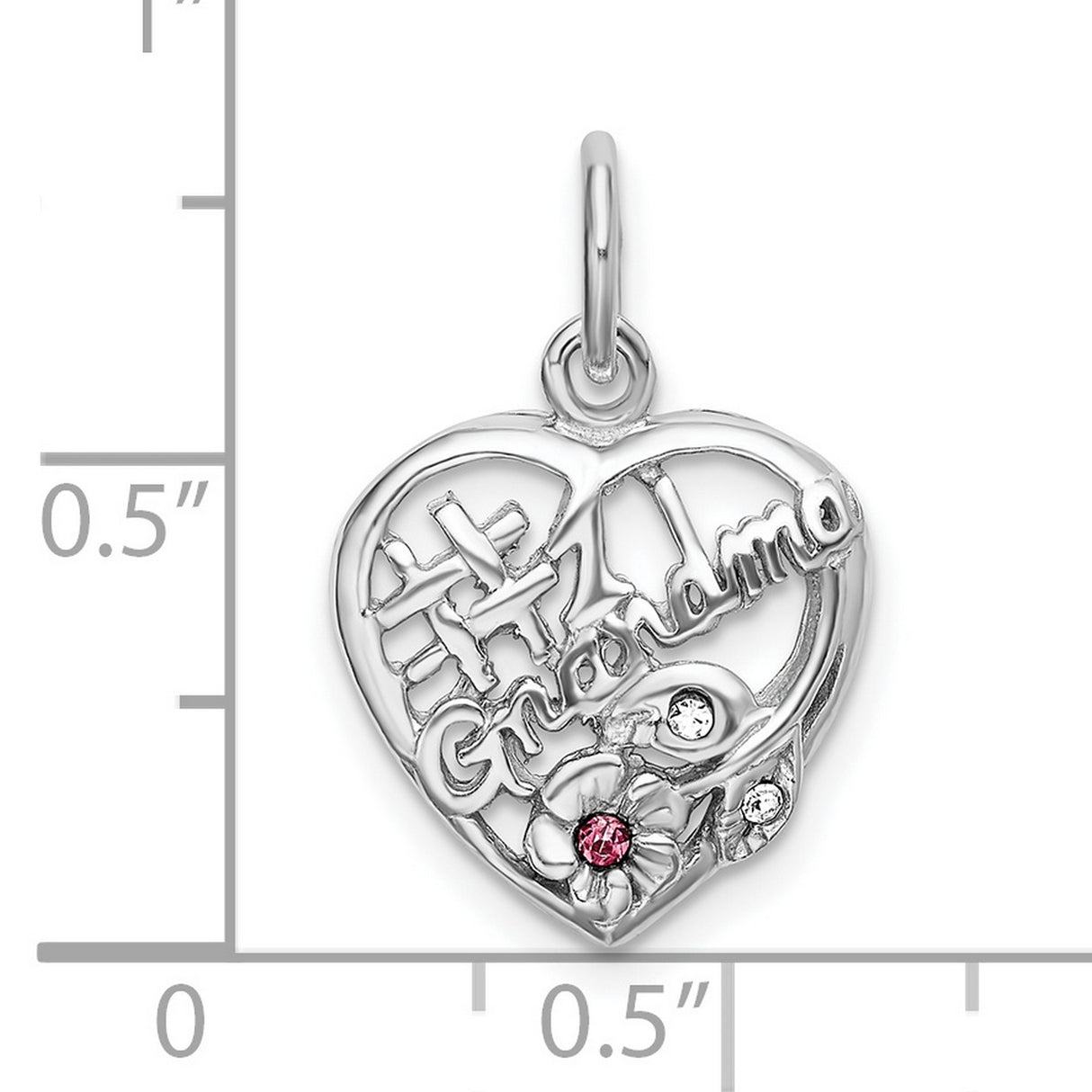 Sterling Silver Heart Pendant with Pink Cubic Zirconia, Grandma Floral Charm Keepsake Jewelry