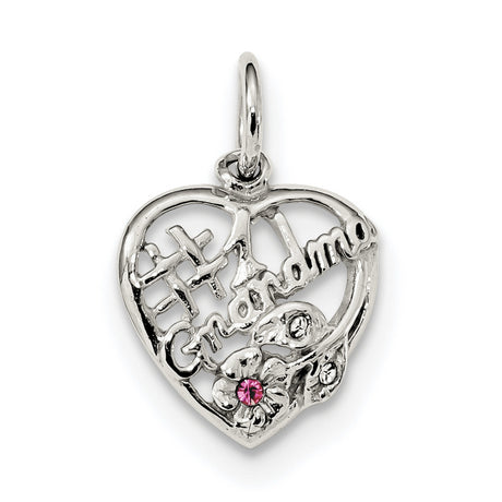 Sterling Silver Heart Pendant with Pink Cubic Zirconia, Grandma Floral Charm Keepsake Jewelry