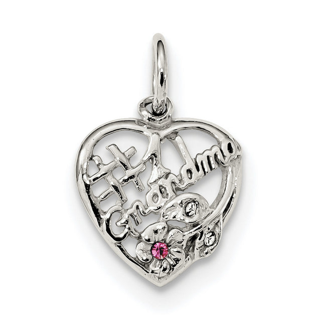 Sterling Silver Heart Pendant with Pink Cubic Zirconia, Grandma Floral Charm Keepsake Jewelry