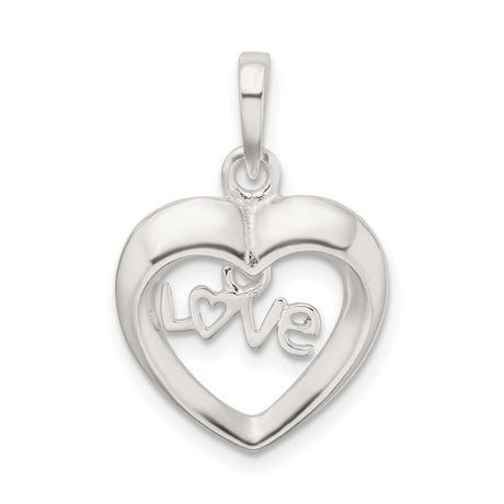 Sterling Silver Heart Pendant with Love Inscription and Small Heart Accent