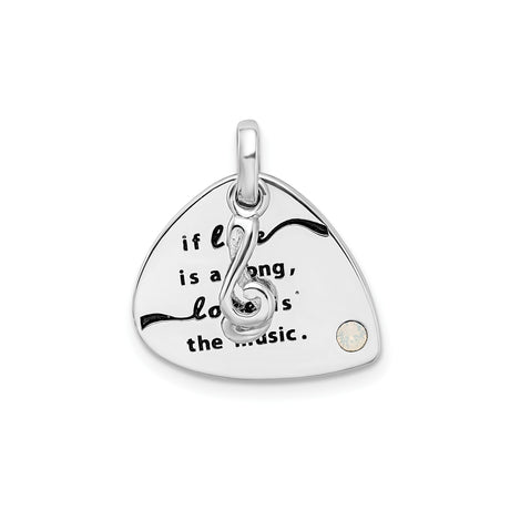 Sterling Silver Guitar Pick Pendant with Treble Clef Symbol and Crystal Accent