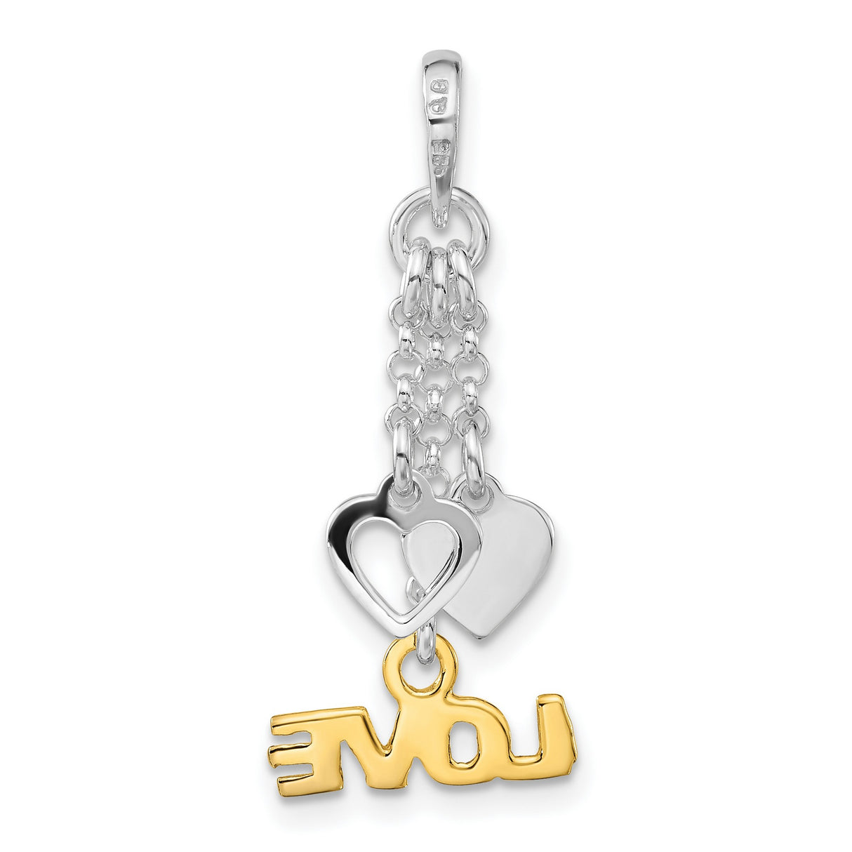Sterling Silver Dangle Pendant with Double Heart Charms and Gold-Plated LOVE Inscription