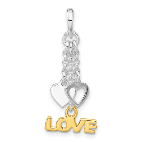 Sterling Silver Dangle Pendant with Double Heart Charms and Gold-Plated LOVE Inscription