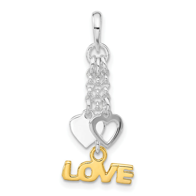 Sterling Silver Dangle Pendant with Double Heart Charms and Gold-Plated LOVE Inscription