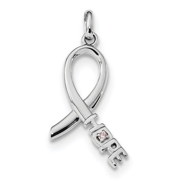 Sterling Silver Awareness Ribbon Pendant with Pink Cubic Zirconia, Breast Cancer Support Jewelry