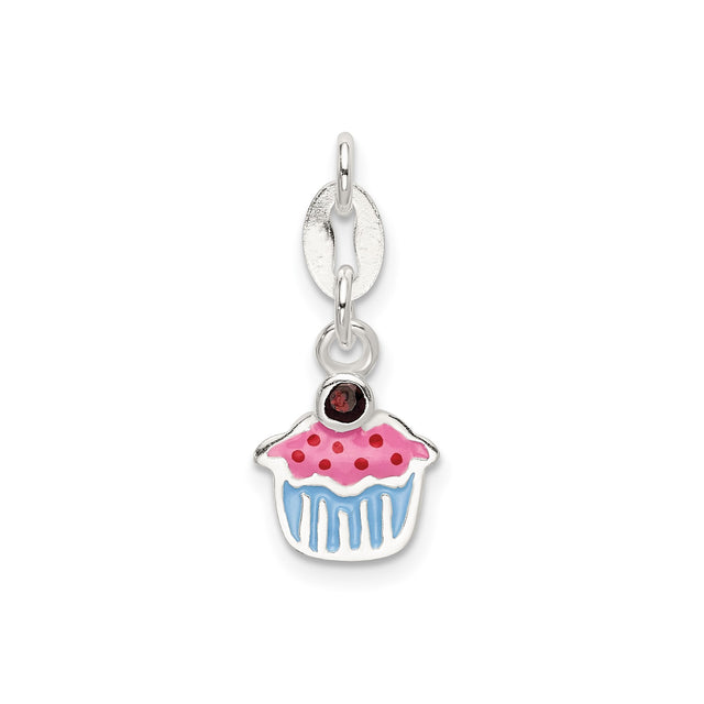 Sterling Silver Cupcake Charm with Garnet, Pink and Blue Enamel, Cherry Detail Theme