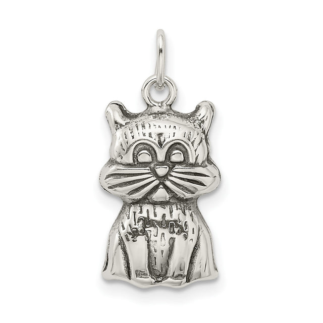 Antiqued Cat Charm Pendant in Real 925 Sterling Silver