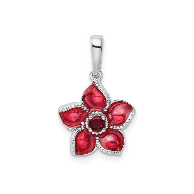 Sterling Silver Flower Pendant with Lab Created Ruby and Red Enamel Petals
