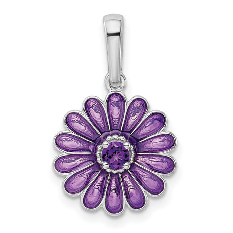 Sterling Silver Flower Pendant with Amethyst and Purple Enamel Daisy Design for Women