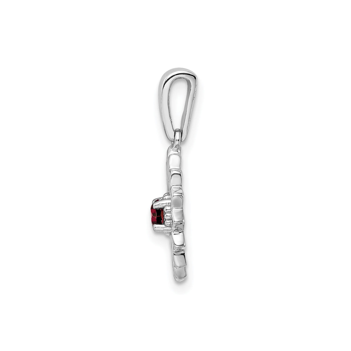 Sterling Silver Daisy Pendant with Garnet Center and White Enamel Flower Design